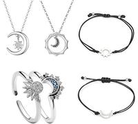 TOFBS 6 Pièces Parure de Bijoux Soleil Lune Bague Collier Bracelet Ensemble Plaqué Or Argent Ajustable Scintillant Collier Lune Soleil Promesse Bagues Bijoux pour Femmes Filles Amis Couple SETC