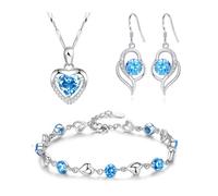 TOFBS Bijoux Femme Coeur Cristal Collier Plaqué Argent Boucles D'oreilles Collier Bracelet Cadeaux Pour Filles Femme Amant Petite Amie Mère D'anniversaire Bleu