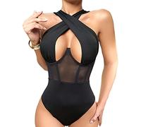 TOFBS Body Femme sans Manche Croisé Bodysuit Maille Transparent Bodys Élégant Sculptant Gaine Amincissante Shapewear String Top Gainant Sculptante Shaper