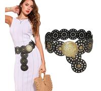 TOFBS Ceinture Large pour Femme à Disque en Métal Ronde, Style Vintage Western Cowboy Ajouré, Réglable à Dégagement Rapide, Élastique (Or)