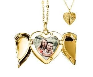 TOFBS Collier avec médaillon en forme de cœur avec ailes d'ange, avec image personnalisée avec photo, collier pendentif pour photo, cadeau pour femmes, filles, maman, petite amie, épouse, 15 cm, Métal