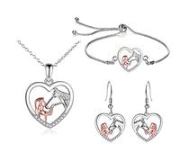 TOFBS Collier Fille et Cheval Boucles d'oreilles Bracelet pour Femme et Fille Argent Coeur Pendentif Collier Ensemble de Bijoux