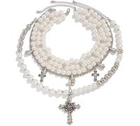 TOFBS Collier Multicouche Perle Blanche Croix Vintage Pendentif Rose Bijou Religieux Élégant Chaîne Argentée Luxueux Accessoire Femme