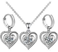 TOFBS Ensemble Bijoux Cœur Brillant Collier Boucles D'oreilles Cristal Argent Parure Femme Élégante