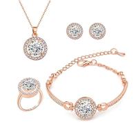 TOFBS Ensemble Bijoux Ronds Brillants Collier Bracelet Bague Boucles D'oreilles Cristal Zirconium Argenté Élégant Luxueux Parure Femme