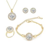 TOFBS Ensemble Bijoux Ronds Brillants Collier Bracelet Bague Boucles D'oreilles Cristal Zirconium Argenté Élégant Luxueux Parure Femme