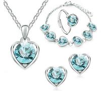 TOFBS Ensemble de Bijoux pour Femme et Fille Argent Coeur Cristal Pendentif Collier Boucles d'oreilles Bracelet et Bague Ensemble Fête Anniversaire Noël La Saint-Valentin Cadeaux (Mer Bleue)