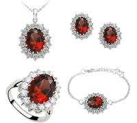 TOFBS Ensemble de Bijoux pour Femme et Fille Zircone Cubique Pendentif Collier Boucles d'oreilles Bracelet et Bague Ensemble Princesse Diana Parure de Bijoux (Rouge)