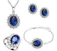TOFBS Ensemble de Bijoux pour Femme et Fille Zircone Cubique Pendentif Collier Boucles d'oreilles Bracelet et Bague Ensemble Princesse Diana Parure de Bijoux (Bleu royal)