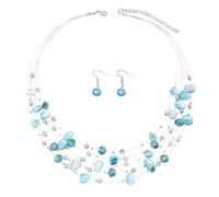 TOFBS Ensembles de Bijoux Collier de Perles en Coquillage de Chaîne en Couches Bohème et Boucles d'Oreilles Parure Bijoux de Mode (Bleu)