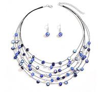 TOFBS Ensembles de Bijoux Collier de Perles en Coquillage de Chaîne en Couches Bohème et Boucles d'Oreilles Parure Bijoux de Mode (Bleu Saphir)
