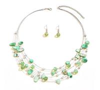 TOFBS Ensembles de Bijoux Collier de Perles en Coquillage de Chaîne en Couches Bohème et Boucles d'Oreilles Parure Bijoux de Mode (Vert)
