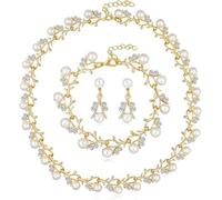 TOFBS Parure Bijoux Femme Branche Florale Perles Blanches Collier Bracelet Boucles D'oreilles Cristaux Brillants Ensemble Élégant Mariage Cérémonie