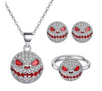 TOFBS Parure Bijoux Femme Punk Y2k Ensemble Bijoux Tête de Squelette Bagues et Boucles D'oreilles Collier en Strass Fête d'Halloween Accessoires(Rouge)