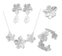 TOFBS Parure de Bijoux pour Femme Vintage Irréguliers Forme de Fleur Boucles d'oreilles Bracelet Bague Pendentif Collier Hypoallergéniques Parure Bijoux Cadeau(Argent)