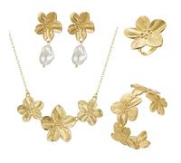 TOFBS Parure de Bijoux pour Femme Vintage Irréguliers Forme de Fleur Boucles d'oreilles Bracelet Bague Pendentif Collier Hypoallergéniques Parure Bijoux Cadeau(Or)