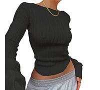 TOFBS T-Shirt col V à Manches Longues pour Femmes Tee Shirt Tops à Manches Longues Femme Uni Col Rond Drape Chemise (Noir L)