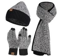 Tofern Bonnet Echarpe Gants 3 Pièces Ensemble Tricoté Unisexe Hiver Chaud Doigt Ecran Tactile Epais Coupe Vent Couleur Complémentaire Camping Randonnée Cyclisme Ski Vélo Moto (Noir)