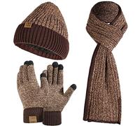 Tofern Bonnet Echarpe Gants 3 Pièces Ensemble Tricoté Unisexe Hiver Chaud Doigt Ecran Tactile Epais Coupe Vent Couleur Complémentaire Camping Randonnée Cyclisme Ski Vélo Moto (Marron)