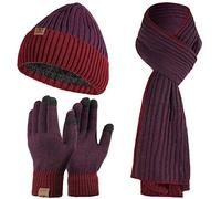 Tofern Bonnet Echarpe Gants 3 Pièces Ensemble Tricoté Unisexe Hiver Chaud Doigt Ecran Tactile Epais Coupe Vent Couleur Complémentaire Camping Randonnée Cyclisme Ski Vélo Moto (Bordeaux)