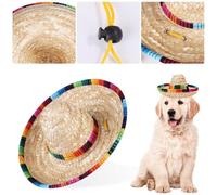 Tofficu Chapeau de Paille Tressé Respirant pour Animaux Ajustable avec Cordon Style Mexicain S Protection Solaire pour Petits Chiens et Chats