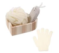 Tofficu Ensemble Exfoliant Corps 3 Pièces Éponge Nylon, Lime Pieds 9,5X4,5 CM, Pierre à Polir Coffret Bois Cœur, pour Soin Peau et Gommage en Salle de Bain