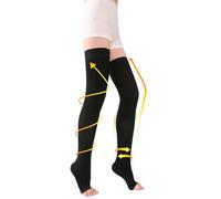 TOFLY Bas de compression à cuisse haute, opaque, soutien ferme Compression de gradient de 20-30 mmHg avec bande de silicone, bas de compression à bout ouvert, gonflement du traitement, Noir XL