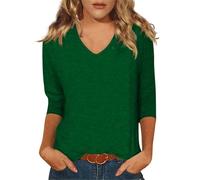 TOFOTL Top Femme Col V Manche 3/4 Couleur Uni Printemps 2024 Mode Large Sweatshirts Femme Classique T-Shirts Mi Saison Randonnée Business Marque Blouse Femme Manche Longue 01 Vert Foncé M