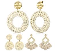 TOGEVAL 3 paires Boucles Oreilles Pendantes Tressées Rotin Naturel Légères et Bohèmes pour Femmes et Filles Style Bohème Décontracté Lot de Variées Rondes Cercles Carrées
