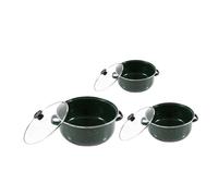 TOGEVAL 3 pièces Set de Casseroles Émaillées Miniatures Multifonctions avec Couvercles Poêles Ramen à Double Poignée et Marmites à Fond Plat Vertes Adaptées Cuisinières à Induction et Gaz