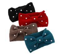 TOGEVAL Bandeaux à Cheveux Tricotés à Nœud Plat Perles, Lot de 4 Pièces, Taille Unique, Couleurs Noir, Rouge Foncé, Kaki et Vert Postal, Accessoires D’hiver pour Femmes et Filles,