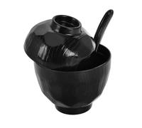 TOGEVAL Bol à Soupe Miso en Plastique Incassable 2 Pièces avec Couvercle Isotherme et Cuillère Noire, Grand Bol Asiatique Multifonction pour Ramen, Pho, Udon, Soupe et Céréales, Usage