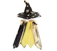 TOGEVAL Costume Halloween Chat Sorcière Cape Étoilée Noire et Dorée Chapeau et Cape Magicien pour Petit Animal Cosplay Fête
