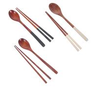 TOGEVAL Ensemble Portable de 3 Ustensiles en Bois Naturel Cuillère à Long Manche Beige Baguettes Noires et Naturelles Set Réutilisable pour Bento Pique-Niques et Repas de Voyage