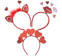 TOGEVAL Lot de 3 Bandeaux Saint-valentin en Paillettes Rouge Cœurs, Oreilles et Lèvres, Accessoires Cheveux Femme pour Fête et Décoration, Bandeaux Mode Confortables et Festifs