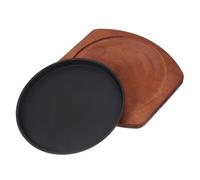 TOGEVAL Poêle à Steak en Fonte Ronde 23 CM avec Base en Bois Plaque à Griller Professionnelle pour Barbecue et Cuisson Maison Plat à Steak Antiadhésif Résistant Haute Température Repas