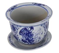 TOGEVAL Pot en Porcelaine Bleue et Blanche avec Plateau Intégré pour Plantes D'intérieur et Succulentes, Pot de Fleurs Chinois 17 Cm Diamètre Extérieur, Jardinière en Céramique Classique