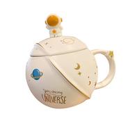 TOGEVAL Tasse à Café en Céramique Blanche Couvercle et Cuillère, Mug Résistant la Chaleur, Design Planètes, 1 Pièce, pour Maison et Bureau, Gobelet D’eau Multifonction pour Thé et Lait