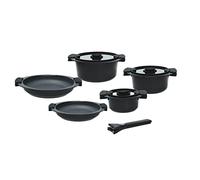 Tognana Avantspace Ensemble de casseroles et 2 poêles antiadhésives, 3 casseroles, 3 couvercles transparents, peu encombrants avec poignée amovible, 8 pièces, aluminium, noir, pour gaz et induction