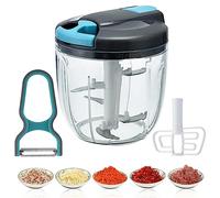 Tohoee 900ml Hachoir Oignon & Mixeur Manuel Multi-Hachoir Manuel avec 5 Lames en Acier Inoxydable Cordon de tirage pour Couper Les légumes (Cordon de Tirage Manuel - Bleu)