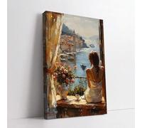 Toile 3D - Peinture à l'huile grand format représentant une femme sur un balcon avec vue sur la mer, décoration murale moderne, affiches et impressions 80 x 110 cm avec cadre