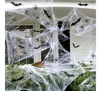 Toile Araignée Halloween, 100g Toile d’araignée, avec 30 Fausses Araignées et 24 Chauve Souris, Halloween Toiles d’araignée Blanc, pour Halloween Décoration Maison Hantée Accessoires Fête Effrayante
