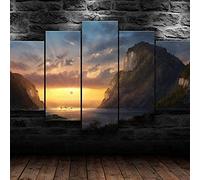 Toile Art Mural 5 Pièces Toile 5 Tableaux Coucher De Soleil Montagnes Paysage Marin Avec Cadre 150 X 100 Cm 5 Panneau Mural Art Image Home Decor Pour Salon Photo Sur Toile Poster Des Illustrations