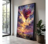 Toile avec ballons en forme de cœur, silhouette de couple, décoration murale ciel de coucher de soleil, peinture d'amour impressionniste, tableau décoratif pour la maison (80 x 150 cm / sans cadre)