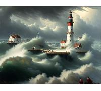 Toile Avec Image Tableaux Posters Grosse tempête sur le port breton, la vague explose pour la décoration murale 60x90cm