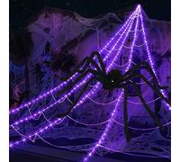 Toile d'araignée - Décorations d'Halloween d'extérieur à 290 DEL - Toile d'araignée géante lumineuse avec grande araignée de 200 cm et toile d'araignée extensible de 100 g - 7,9 m - 8 modes (violet)