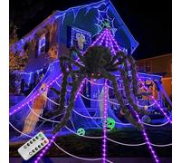 Toile d'araignée plus lumineuse pour décoration d'Halloween, 250 DEL violettes, 8 modes, toile d'araignée géante de 5 m avec télécommande, araignée géante de 122 cm, décoration d'Halloween pour cour