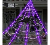 Toile d'araignée pour décorations d'Halloween, 135 lumières LED violettes avec lumière DEL de 5 m, toile d'araignée géante de 2 m, grande araignée, 22 petites araignées et 20 toiles d'araignée
