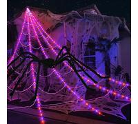 Toile d'araignée pour décorations d'Halloween d'extérieur à 290 DEL avec grande araignée de 200 cm et toile d'araignée extensible de 100 g, 7 m, 8 modes (violet et orange)