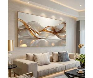 Toile d'art mural abstrait moderne sans cadre, 70.0x140.0 cm, lignes transparentes avec accents dorés, grande peinture contemporaine, 1 pièce